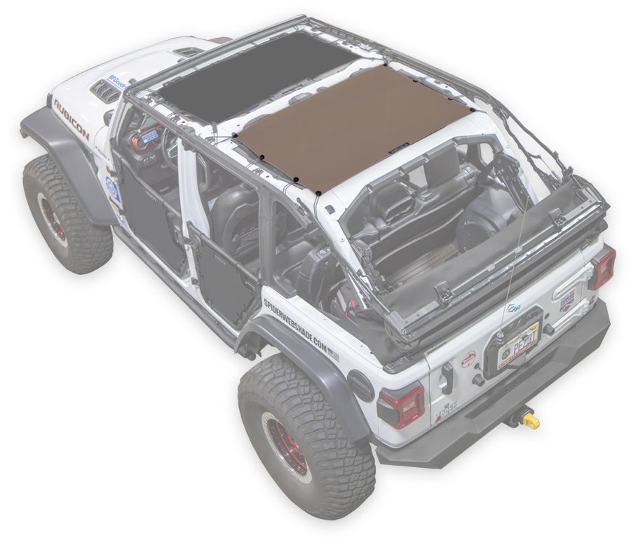 White Rubicon JL four door Jeep with tan SPIDERWEBSHADE shade on top that only covers rear passenger seats from the sound bar to the back cross member of the roll cage.