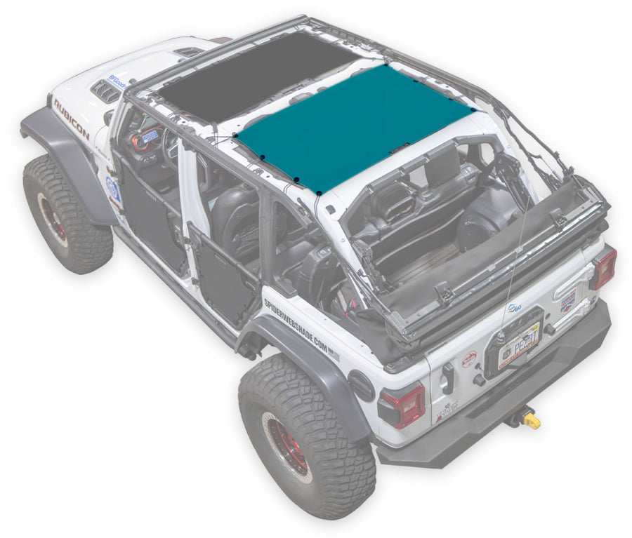 White Rubicon JL four door Jeep with teal SPIDERWEBSHADE shade on top that only covers rear passenger seats from the sound bar to the back cross member of the roll cage.