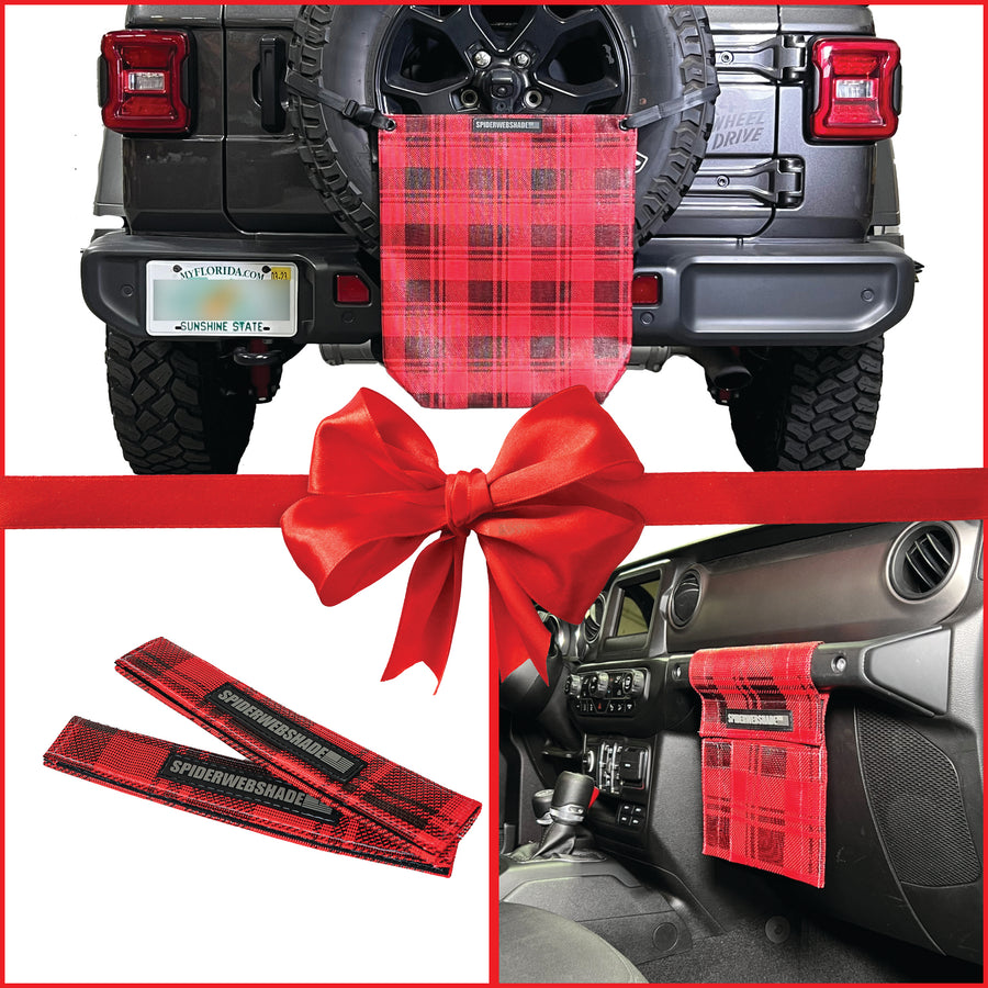 Beach bag, seat belt silencers and grabbag with red and black buffalo plaid design