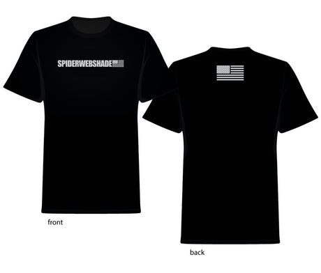 Black Tee shirt with Spiderwebshade logo across chest in Grey with an American Flag on back of shirt in grey